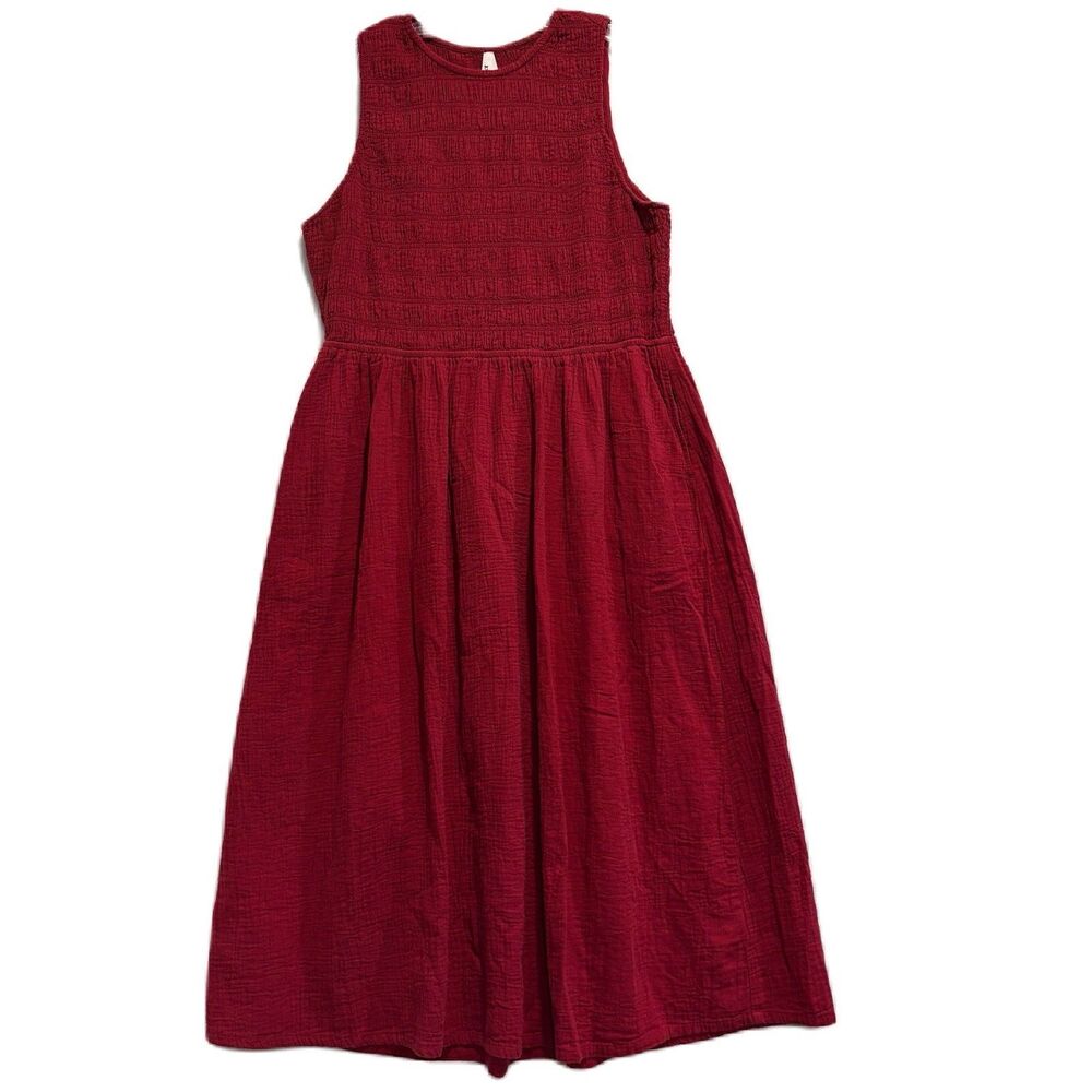 Pact Organic Coastal Double Gauze Smocked Midi Sleeveless Dress Poppy Red XXL